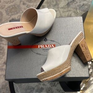 Prada White Cork Heel Mules